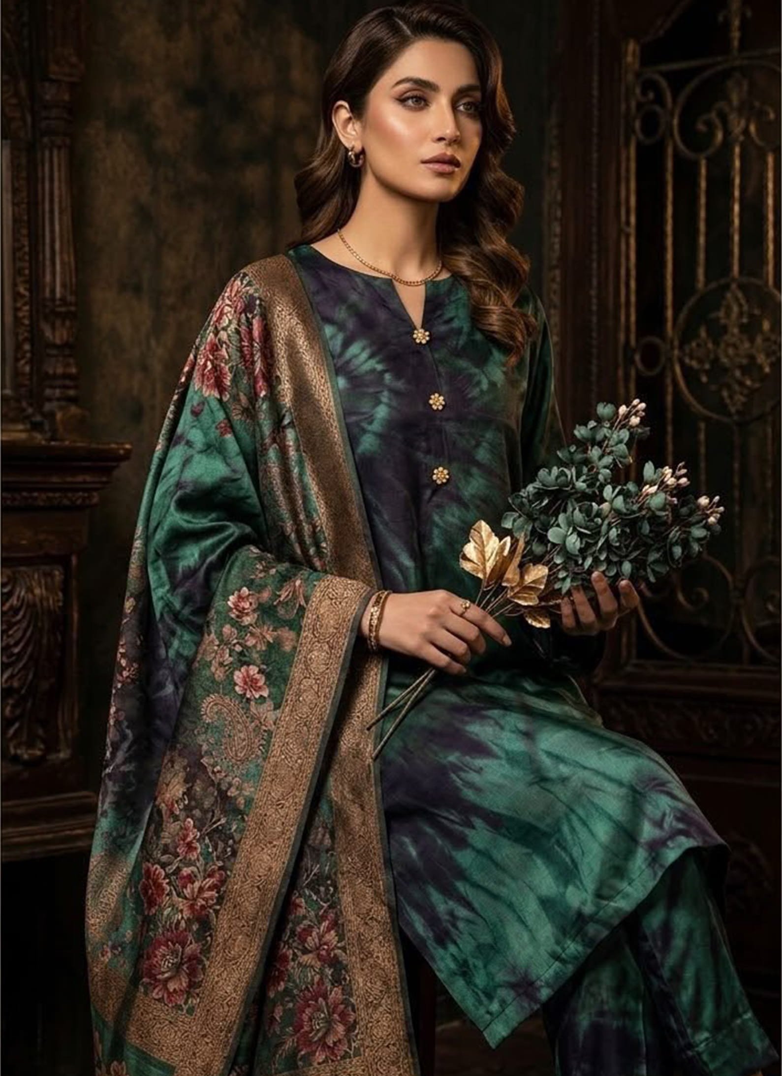 Teal and Plum Suit – Ornamental Printed Dupatta Style 3Pcs