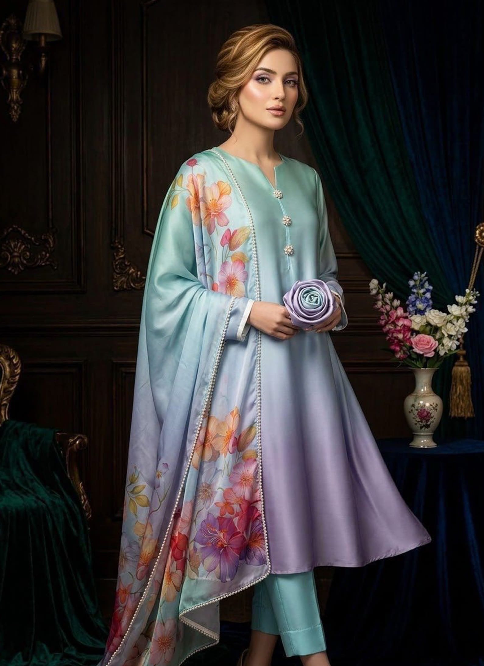 Pastel Aqua Suit – Multicolor Floral Dupatta Ensemble 3Pcs