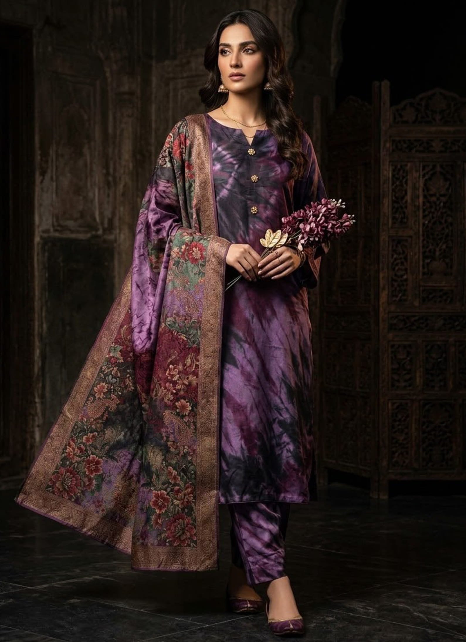 AHM Collections Plum and Purple Suit – Multicolor Floral Dupatta Ensemble 3 Pcs