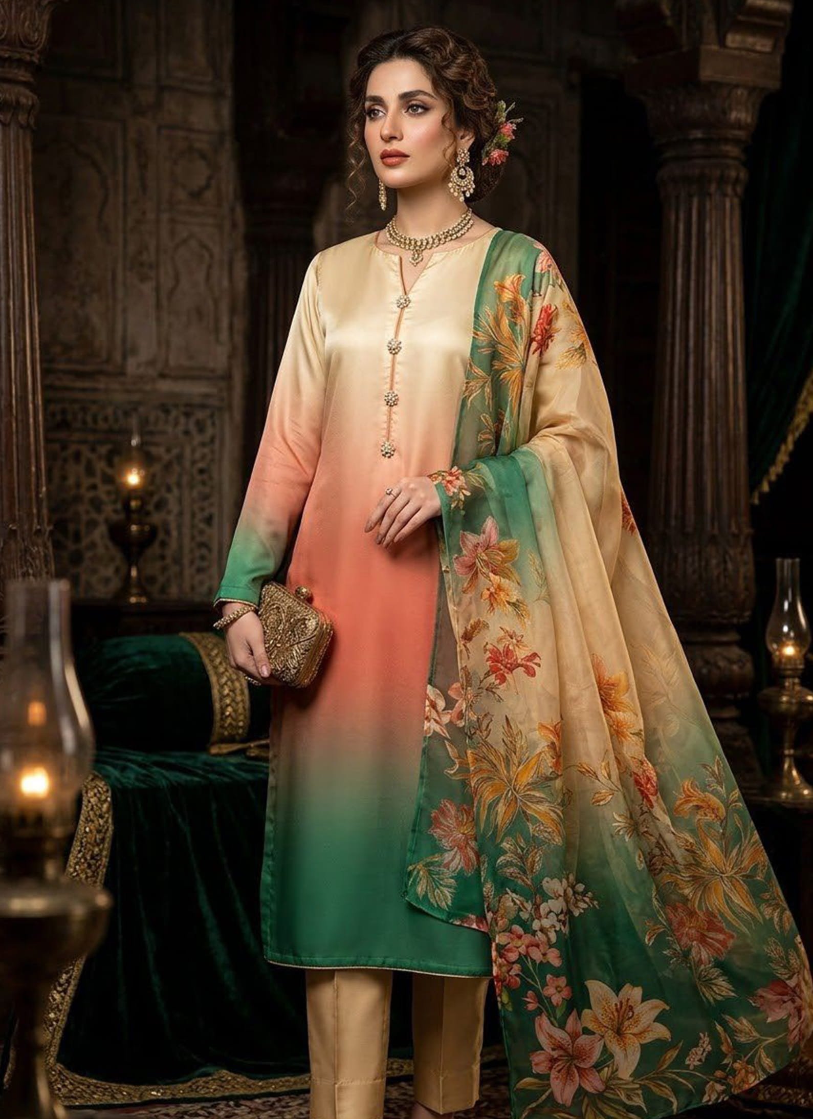 Peach and Sage Ombre Suit – Floral Dupatta Ensemble 3Pcs