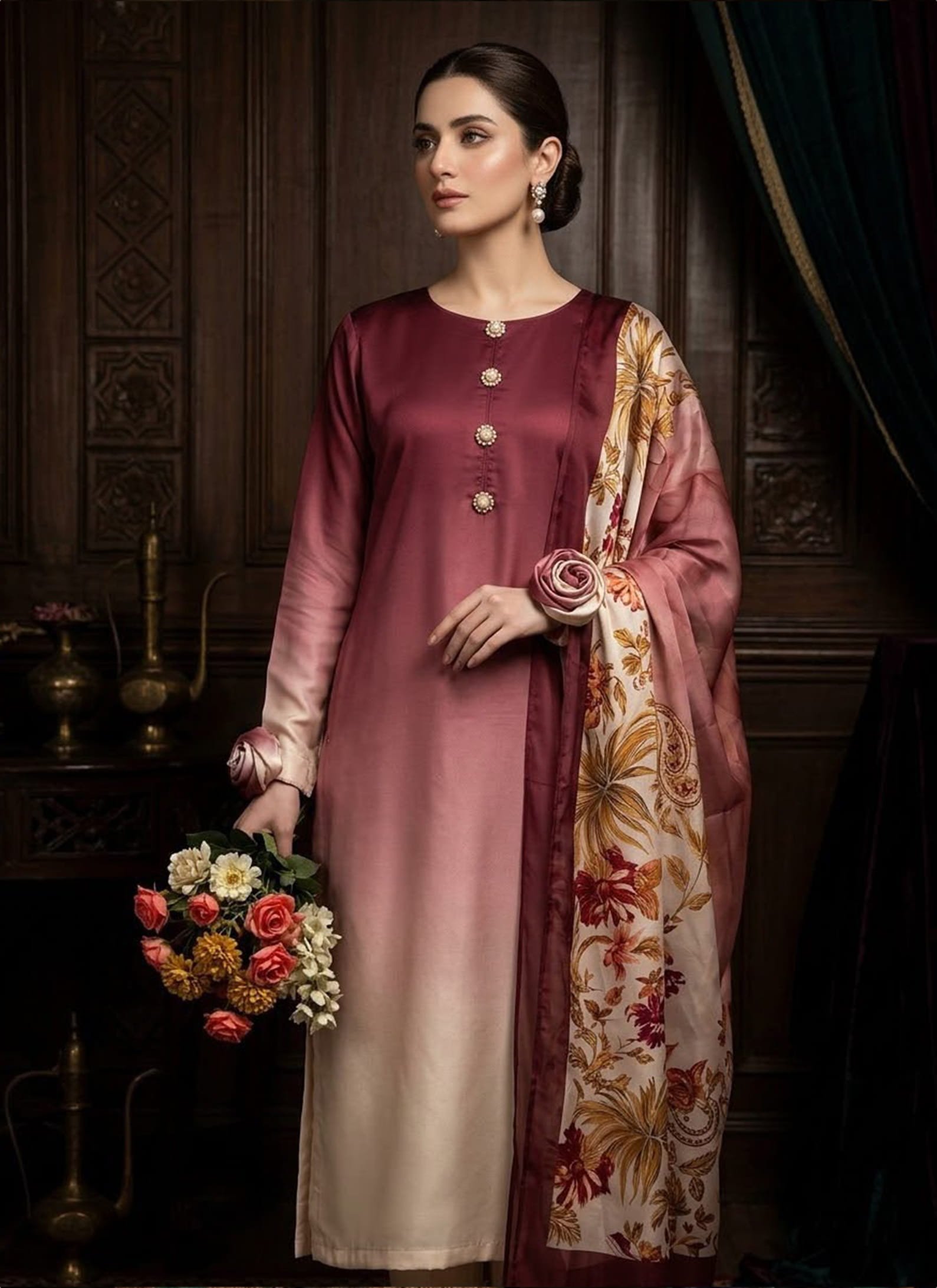 AHM Collections Rose and Beige Suit – Floral Dupatta Three-Piece Ensemble 3Pcs