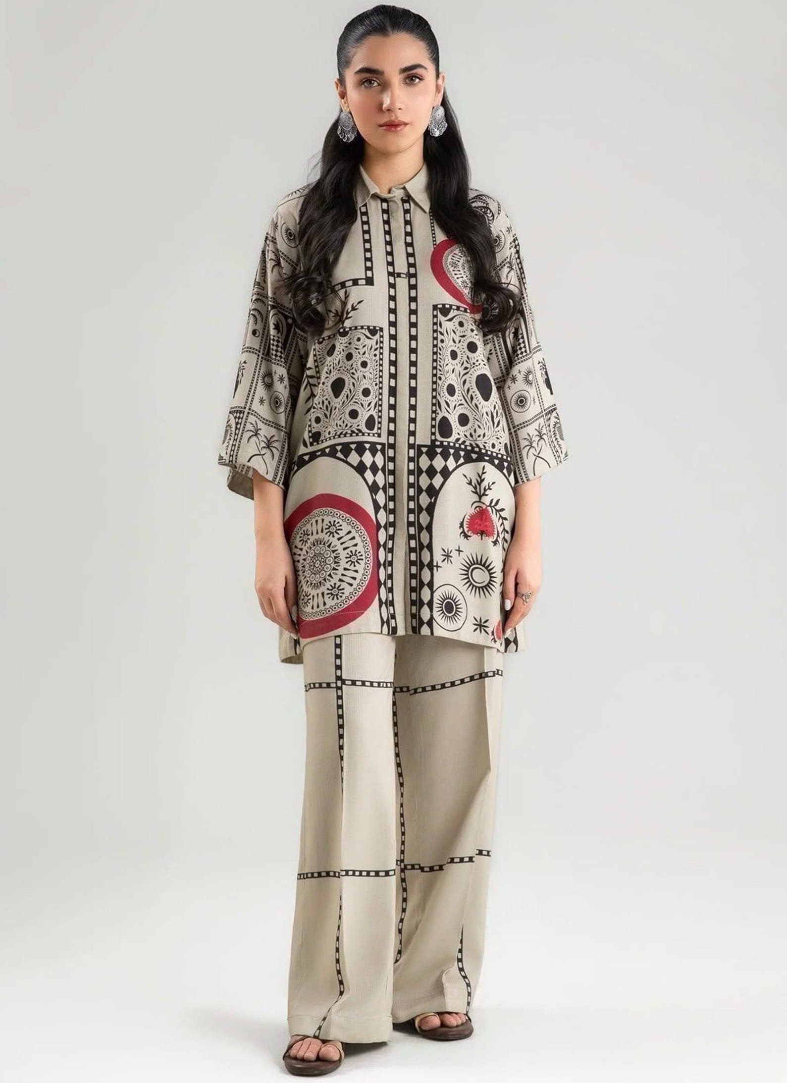 Ivory and Black Printed Suit – Graphic Two-Piece Ensemble – 3Pcs