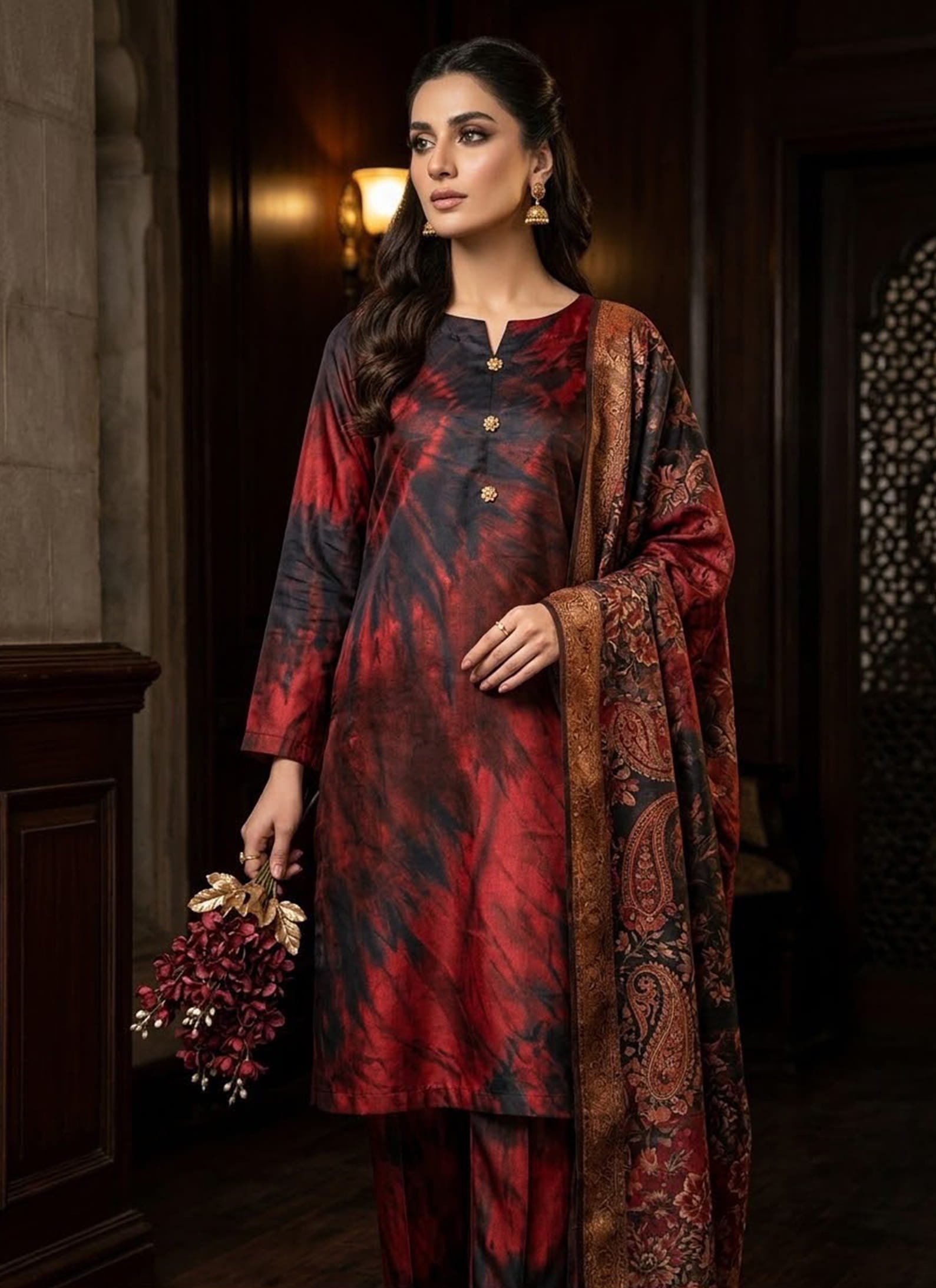 Burgundy Printed Suit – Rich Floral Dupatta Style 3Pcs